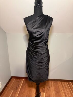 OYS One-Shoulder Black Satin Ruched homecoming/cocktail Dress